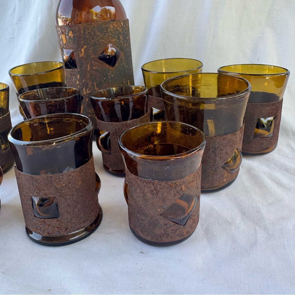 VINTAGE BRUTALIST FELIPE DERFLINGHER IMPRISONED GLASS DECANTER & GLASSES 12PCSET - Picture 3 of 13